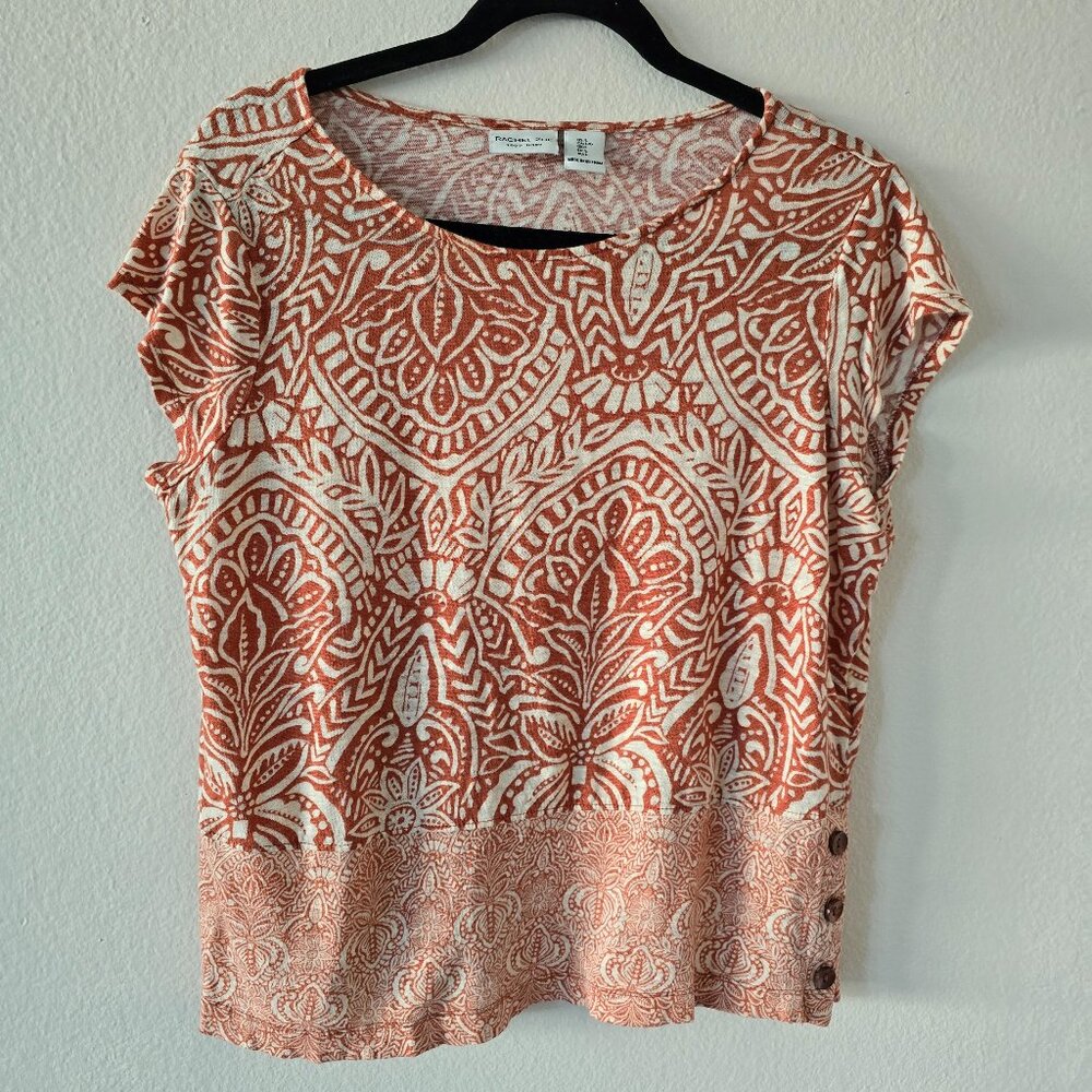 Rachel Zoe Orange White Linen Top Women’s Short Sleeve Floral Print Size L Boho